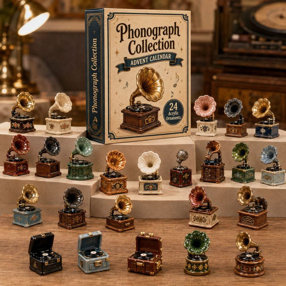 2026 Phonograph Collection 24-Day Retro Music Advent Calendar With Premium Acrylic Charms - Vintage Record Player Countdown Gift