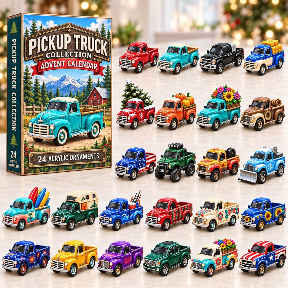 Vintage Pickup Truck Advent Calendar 2026 — 24-Day Acrylic Charm Countdown, Rustic Holiday Truck Ornaments