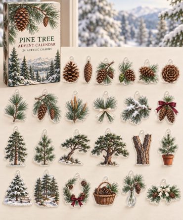 Pine Tree Holiday Charm Countdown - 24 Acrylic Tree & Forest Mini Charms In Festive Advent Box, Perfect Christmas Gift For Nature Lovers
