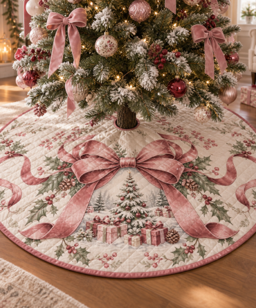 Delicate Pink Bow Quilted Tree Skirt - Sweet Pastel Christmas Tree Skirt With Satin Bow Accents For Feminine Holiday Decor