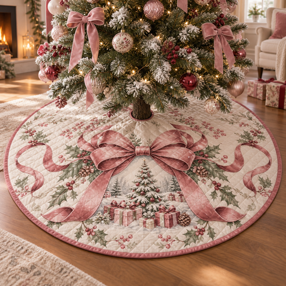 Delicate Pink Bow Quilted Tree Skirt - Sweet Pastel Christmas Tree Skirt With Satin Bow Accents For Feminine Holiday Decor