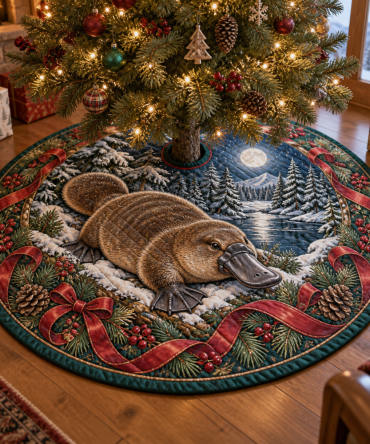 Whimsical Quilted Platypus Holiday Tree Skirt — Playful Platypus Print Christmas Tree Skirt, Soft Patchwork, Easy-Care Holiday Accent