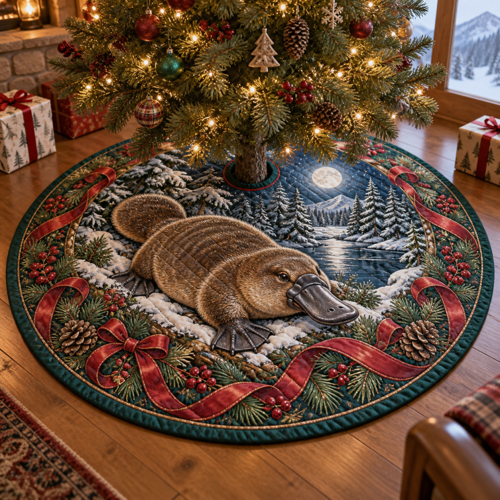Whimsical Quilted Platypus Holiday Tree Skirt — Playful Platypus Print Christmas Tree Skirt, Soft Patchwork, Easy-Care Holiday Accent