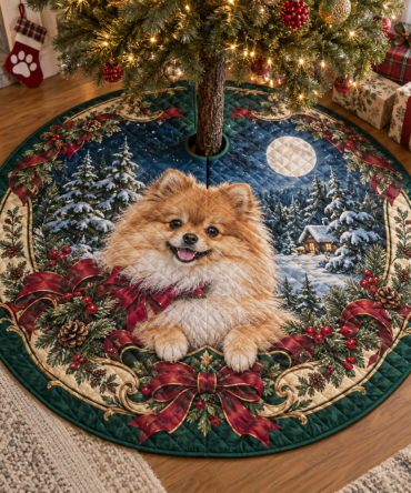 Pomeranian Quilted Holiday Tree Skirt — Fluffy Plush Christmas Base, Soft Padding, Easy-Care, Perfect Gift For Small Dog Lovers