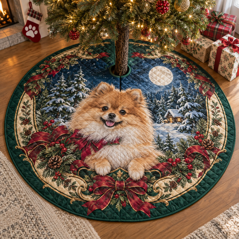 Pomeranian Quilted Holiday Tree Skirt — Fluffy Plush Christmas Base, Soft Padding, Easy-Care, Perfect Gift For Small Dog Lovers
