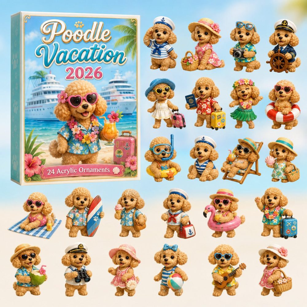 2026 Poodle Vacation Holiday Countdown — 24-Day Acrylic Charm Advent Set, Fun Travel-Themed Gift For Dog Fans