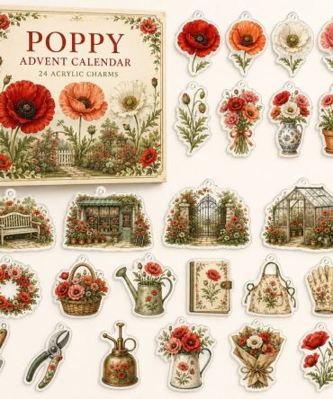 Poppy Floral Countdown Collection — 24 Acrylic Poppy Charms For Garden & Craft Enthusiasts, Festive Giftable Advent Kit