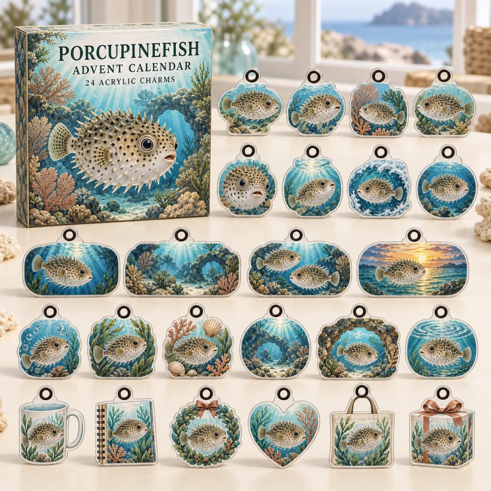 Porcupinefish 24-Day Acrylic Charm Countdown — Spiky Puffer Family Advent Set With 24 Mini Charms, Fun & Quirky Gift For Fish Fans