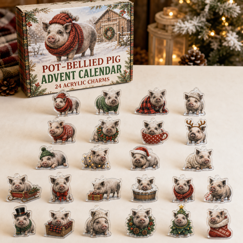 Pot-Bellied Pig Holiday Advent Calendar — 24 Acrylic Charms, Cute Farm Animal Gift & Stocking Stuffer For Pig Lovers