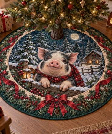 Potbelly Pig Quilted Holiday Tree Skirt — Reversible Plush Mat, Durable Stitching, Machine-Washable & Adorable Farm Pet Décor