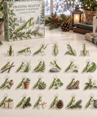 Praying Mantis Collector Advent Calendar — 24 Intricate Acrylic Insect Charms, Nature-Lover Countdown Box, Perfect Gift