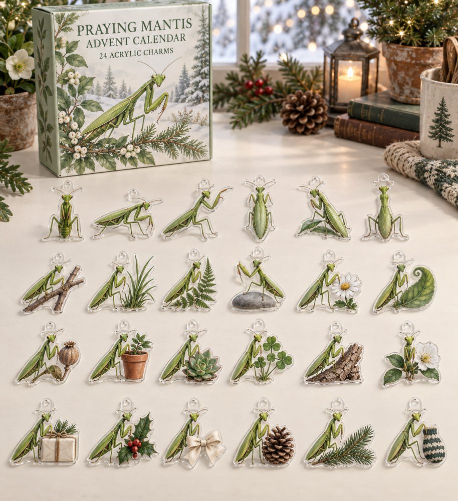 Praying Mantis Collector Advent Calendar — 24 Intricate Acrylic Insect Charms, Nature-Lover Countdown Box, Perfect Gift