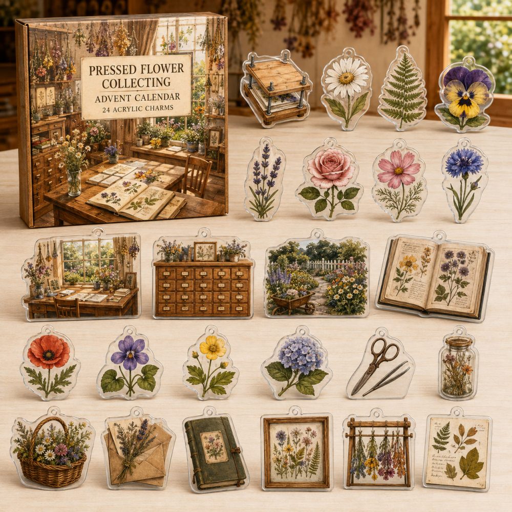 24-Day Pressed Flower Collector Charm Advent — Acrylic Botanical Petal Charms Set, Delicate Floral Gift For Crafters & Plant Lovers