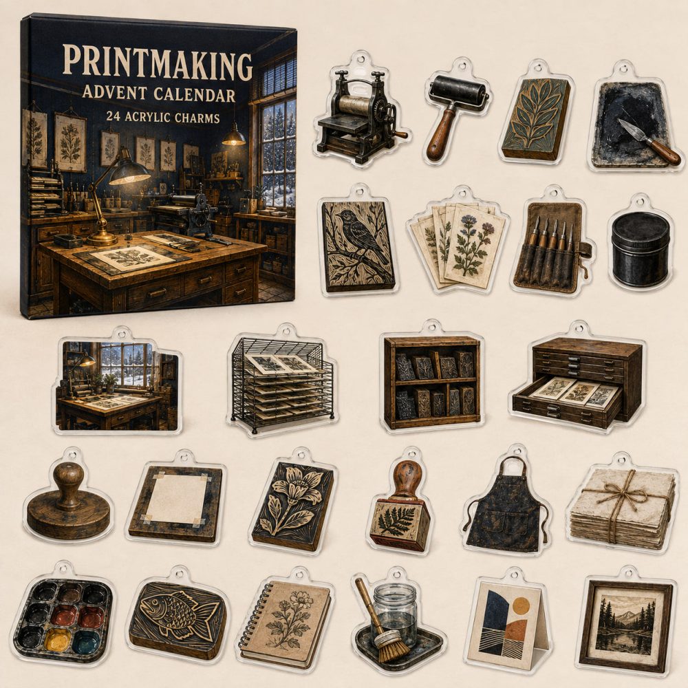 24-Day Printmaking Charm Countdown — Acrylic Press, Ink & Block Mini Charms For Artists, Creative Giftable Set