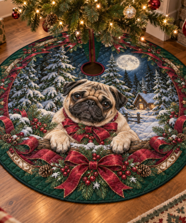Pug Lover Quilted Christmas Tree Skirt — Cute & Cozy Plush Tree Base, Easy Fit, Machine-Washable, Great Gift For Pet Parents