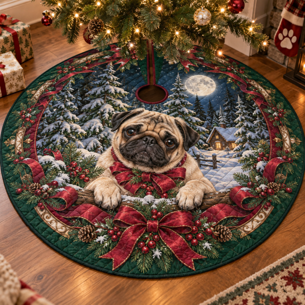 Pug Lover Quilted Christmas Tree Skirt — Cute & Cozy Plush Tree Base, Easy Fit, Machine-Washable, Great Gift For Pet Parents