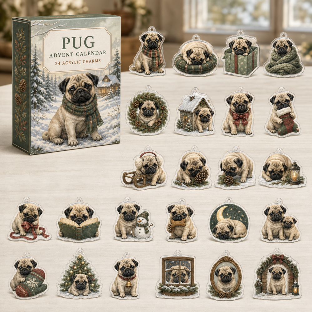 Pug Holiday Countdown Calendar — 24 Cute Acrylic Charms, Premium 24-Day Dog Lover Gift Set For Pug Owners And Collectors