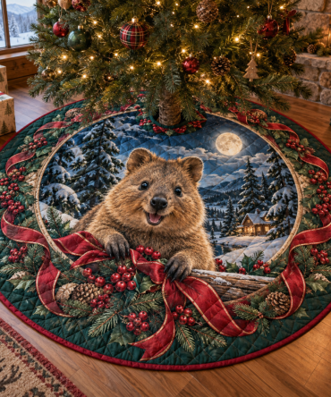 Happy Quilted Quokka Holiday Tree Skirt — Cheerful Quokka Print Christmas Tree Skirt, Soft Patchwork, Machine-Washable Delight For Families