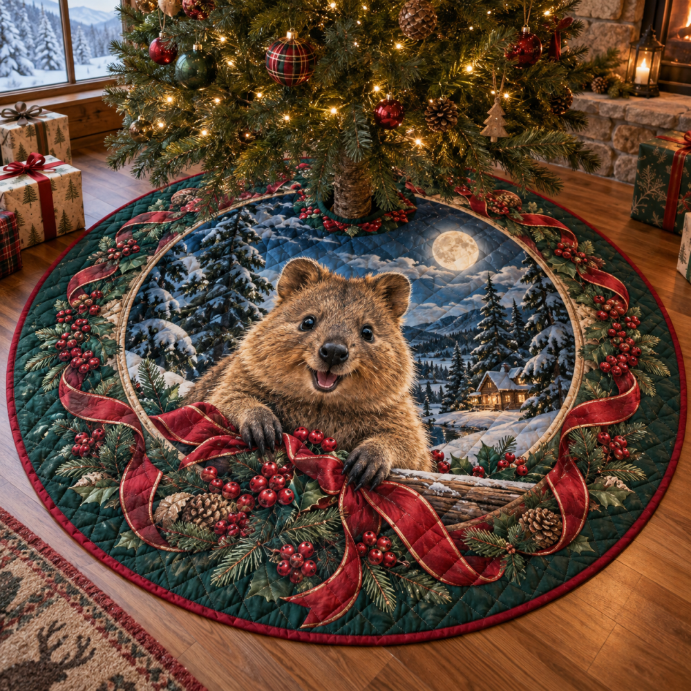 Happy Quilted Quokka Holiday Tree Skirt — Cheerful Quokka Print Christmas Tree Skirt, Soft Patchwork, Machine-Washable Delight For Families