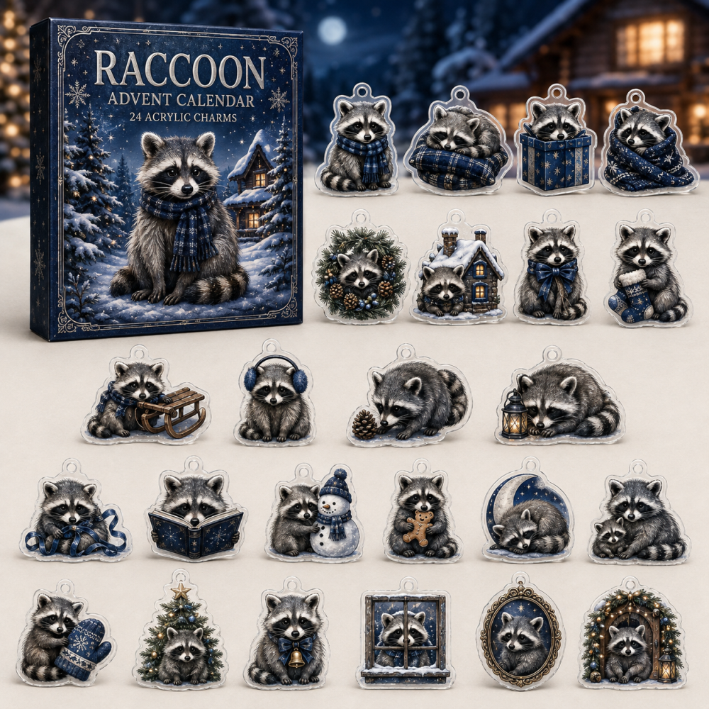 Raccoon Holiday Advent Charm Set — 24 Acrylic Collectible Days For Wildlife Fans, Playful Countdown Ornaments & Giftable Keepsakes