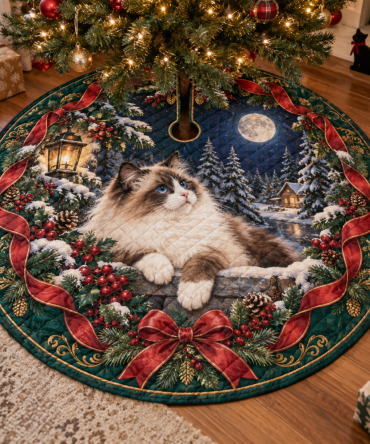 Soft Quilted Holiday Tree Skirt With Ragdoll Cat Design — Plush, Slip-Resistant Christmas Decor Perfect For Cozy Homes