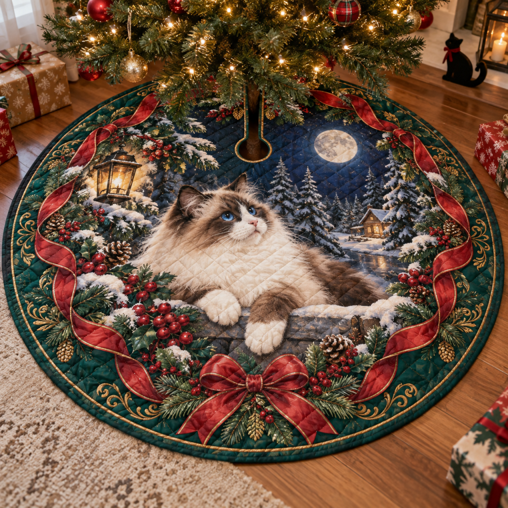 Soft Quilted Holiday Tree Skirt With Ragdoll Cat Design — Plush, Slip-Resistant Christmas Decor Perfect For Cozy Homes