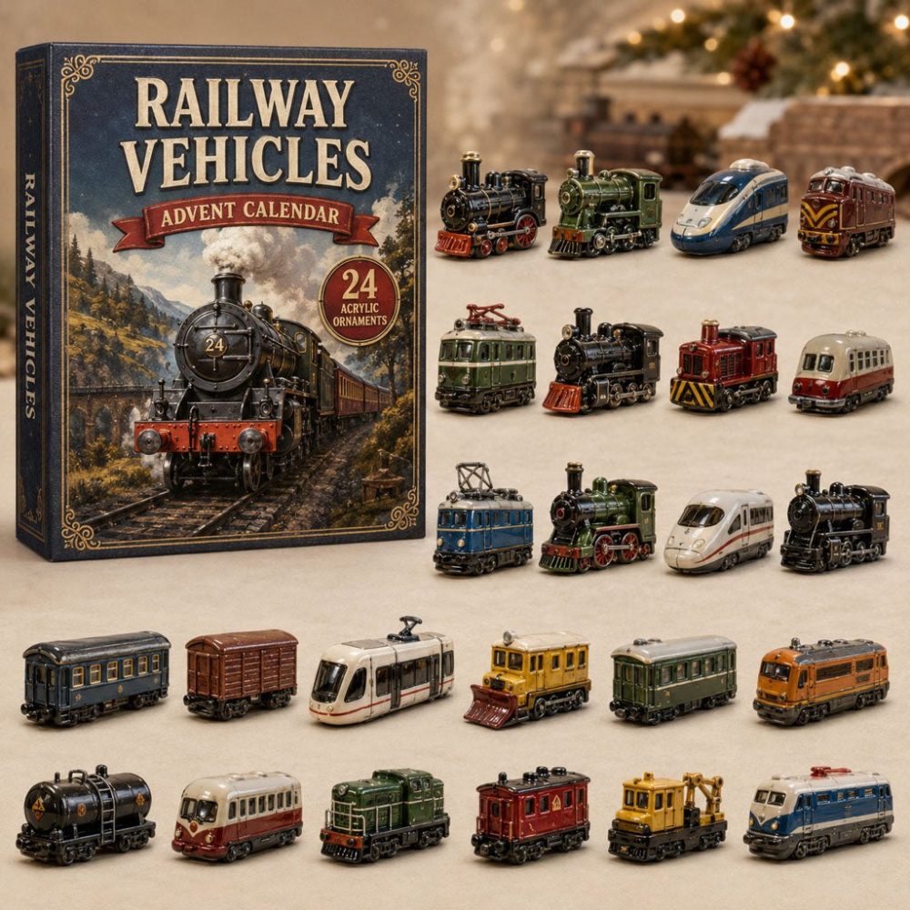 Railway Train Vehicles 24-Day Advent Countdown – 2026 Acrylic Charm Calendar, Kids Train Lover Gift Set