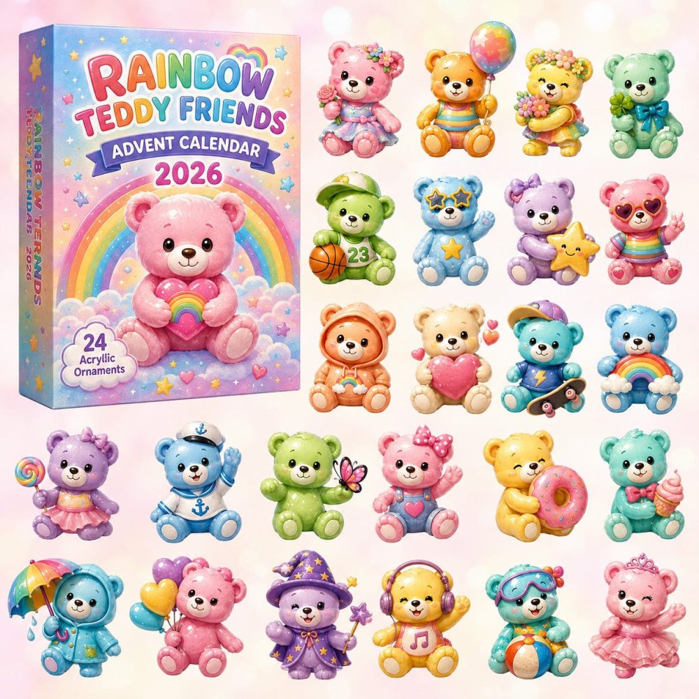 Rainbow Teddy Friends Advent Calendar 2026 — 24-Day Colorful Acrylic Charm Countdown With Cute Teddy Designs, Great Kids’ Gift
