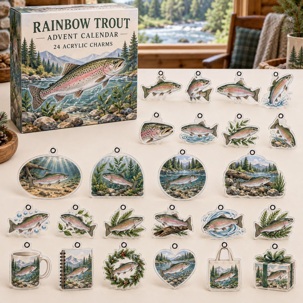 Rainbow Trout Acrylic Charm Advent Collection — 24 Fishing-Oriented Holiday Ornaments, Gift For Anglers & Outdoors Fans