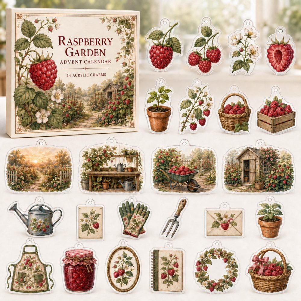 Raspberry Charm Advent Calendar — 24 Acrylic Mini Charms For Gardeners & Fruit Lovers , Holiday Gift Set