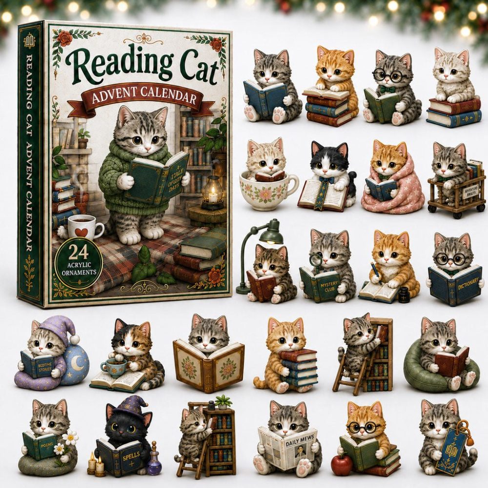 Bookish Cat Reading Advent Calendar 2026 — 24-Day Acrylic Charm Set For Bibliophiles, Cute Cat & Reading Gifts, Holiday Countdown