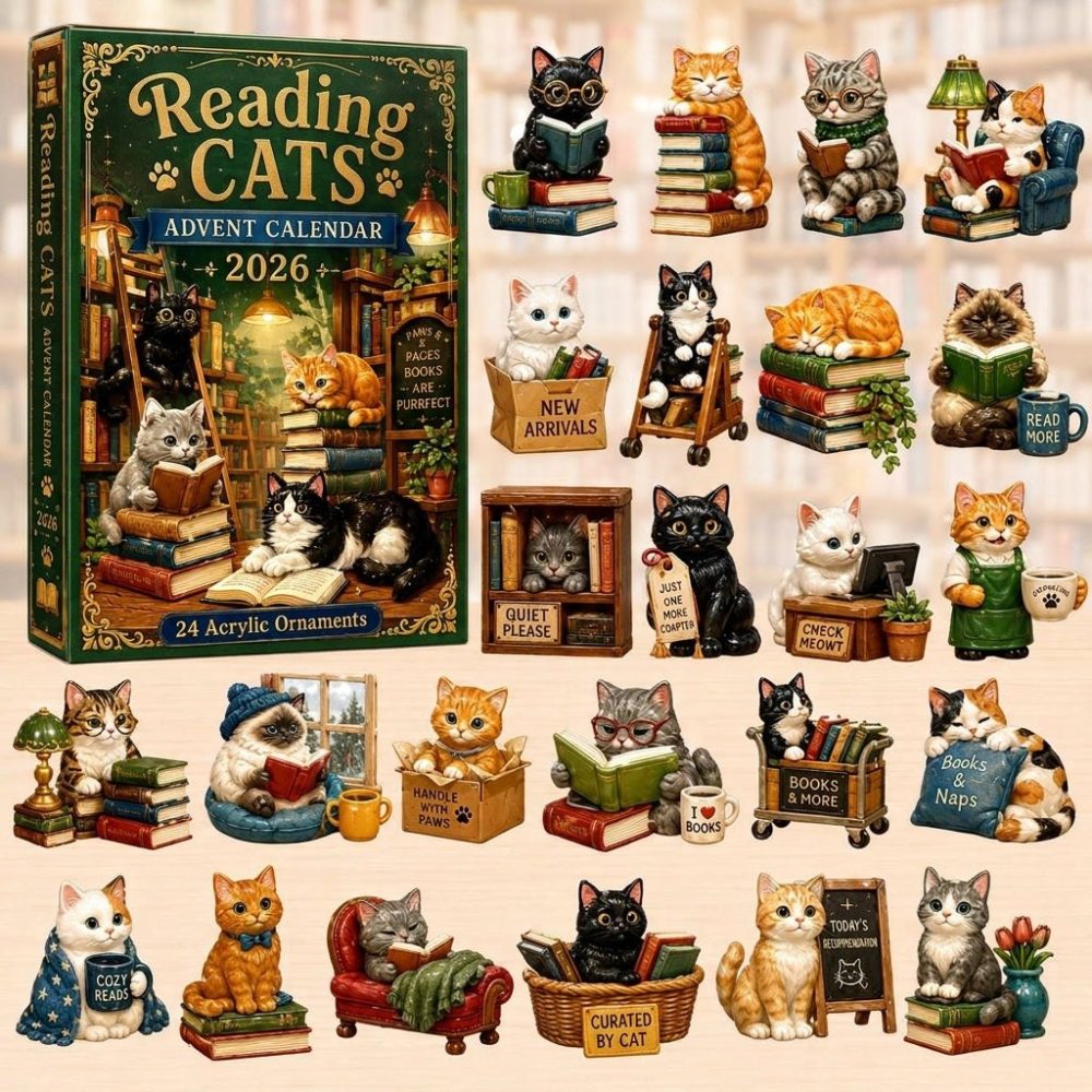 Reading Cats Advent Calendar 2026 – 24-Day Bookish Countdown With Cute Cat Acrylic Charms & Reader Gift Set