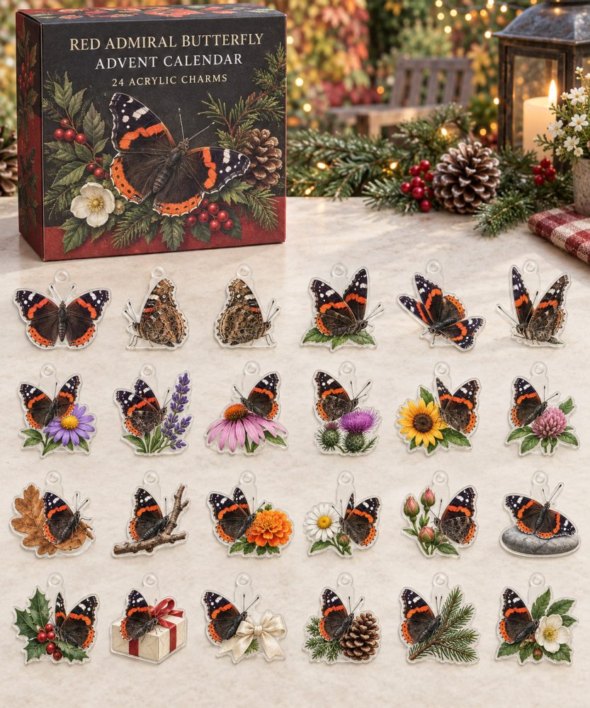 24-Day Red Admiral Butterfly Acrylic Charm Advent Calendar — Vibrant Butterfly Charm Countdown Pack For Gifts & Crafting