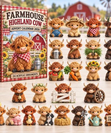 Red Gingham Farmhouse Highland Cow Holiday Countdown - 24-Day Acrylic Charms Collection, Rustic Country Decor Gift