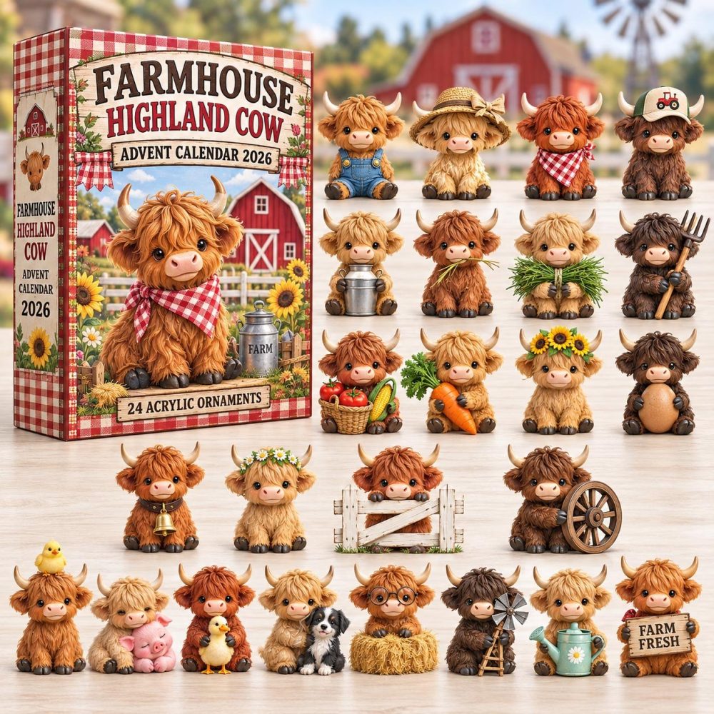 Red Gingham Farmhouse Highland Cow Holiday Countdown - 24-Day Acrylic Charms Collection, Rustic Country Decor Gift