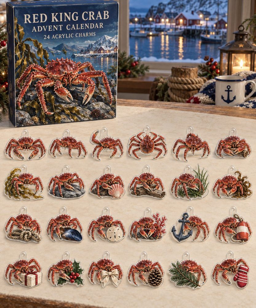 Red King Crab Collector Advent Calendar — 24 Vibrant Acrylic Crab Charms, Ocean-Themed Countdown Gift Box For Marine Fans