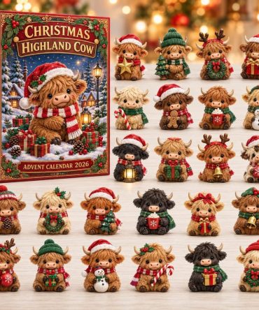 Red Scarf Highland Cow 24-Day Holiday Advent Calendar With Acrylic Charms — 2026 Rustic Countdown Gift For Cow Lovers