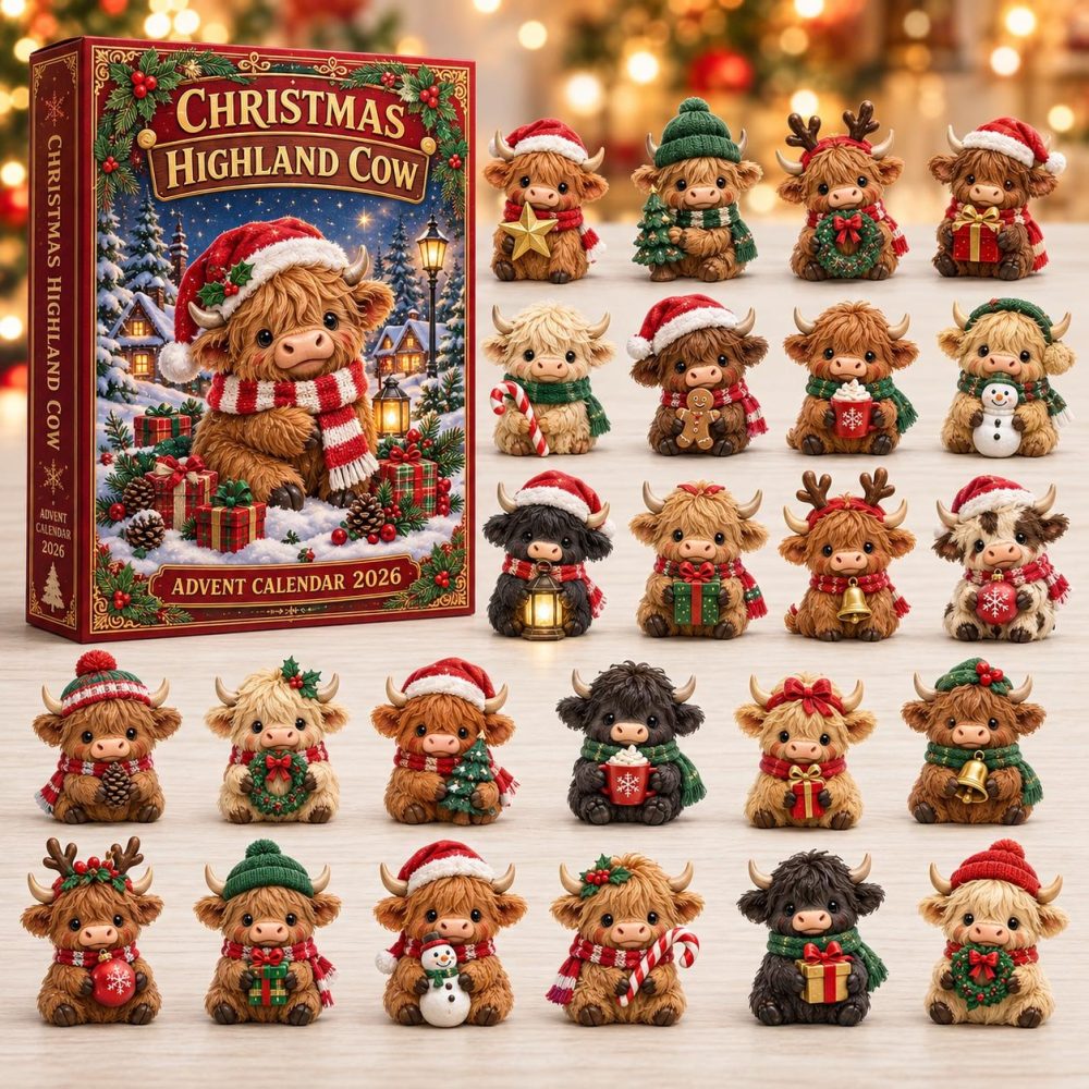Red Scarf Highland Cow 24-Day Holiday Advent Calendar With Acrylic Charms — 2026 Rustic Countdown Gift For Cow Lovers