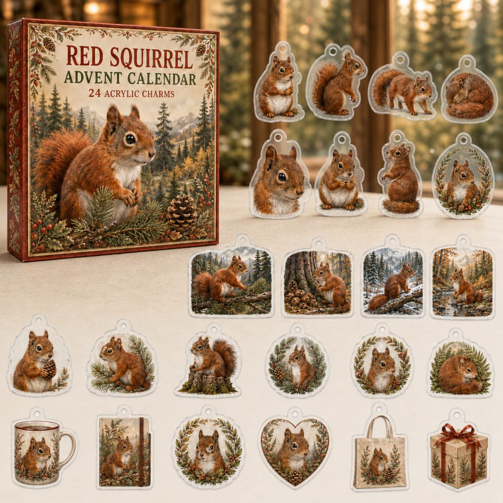 Red Squirrel Festive Countdown Calendar — 24 Vibrant Acrylic Charms For Christmas, Decor, Stocking Stuffers & Collectors