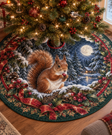 Premium Red Squirrel Quilted Tree Skirt For Christmas — Rustic Woodland Holiday Decor, Reversible, Machine-Washable, Fits Most Trees
