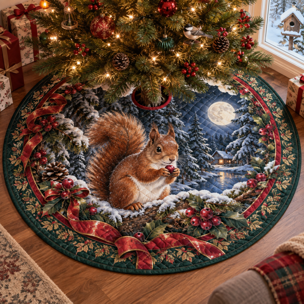 Premium Red Squirrel Quilted Tree Skirt For Christmas — Rustic Woodland Holiday Decor, Reversible, Machine-Washable, Fits Most Trees