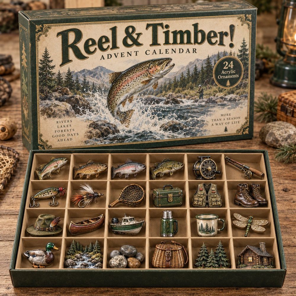 Reel Timber Fishing Advent Calendar - 24-Day Christmas Countdown With 24 Acrylic Charms, Rustic Angler Decor & Gift