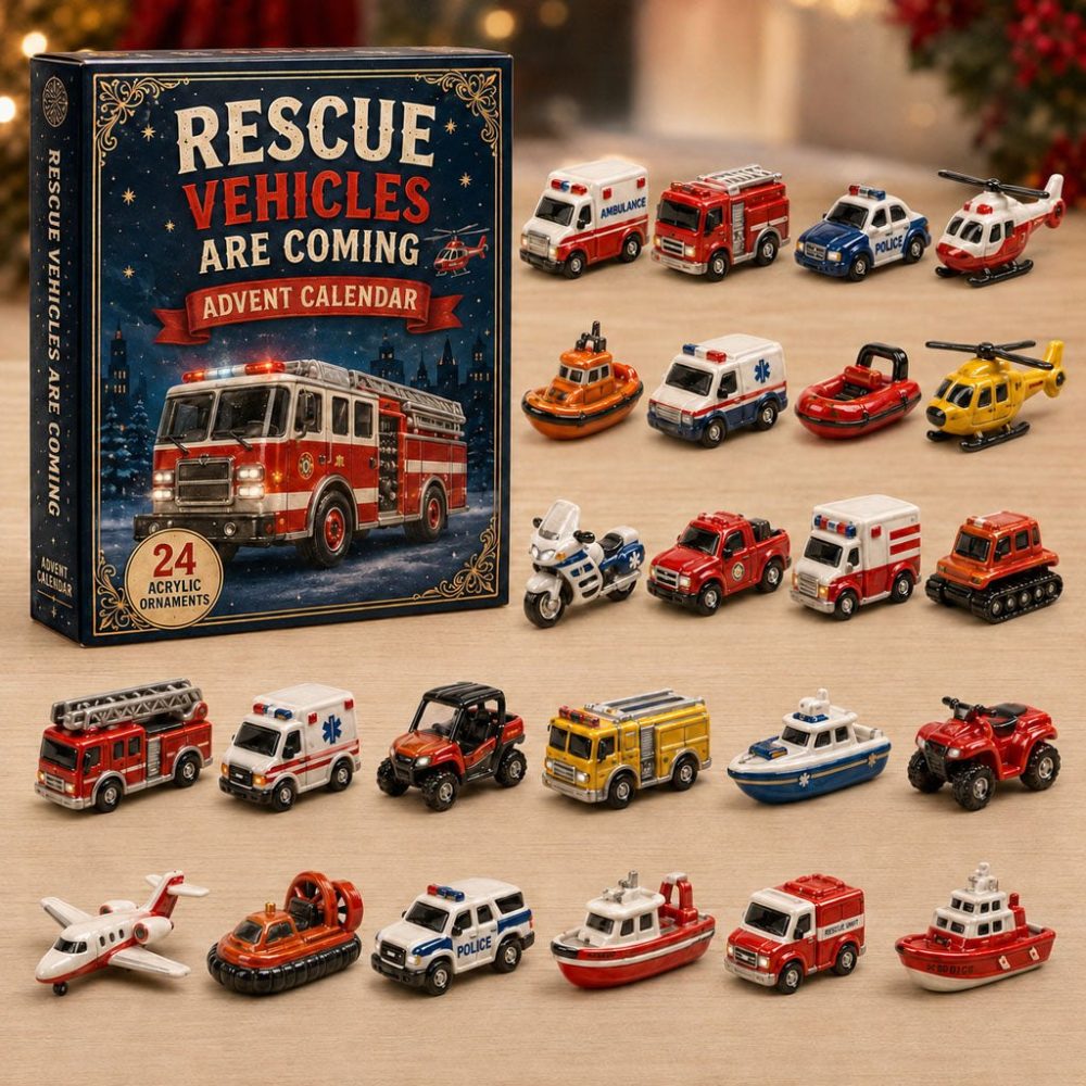 Rescue Vehicles Fleet Advent Calendar – 24-Day 2026 Acrylic Charm Countdown, Fire, Police & Emt Toy Gift