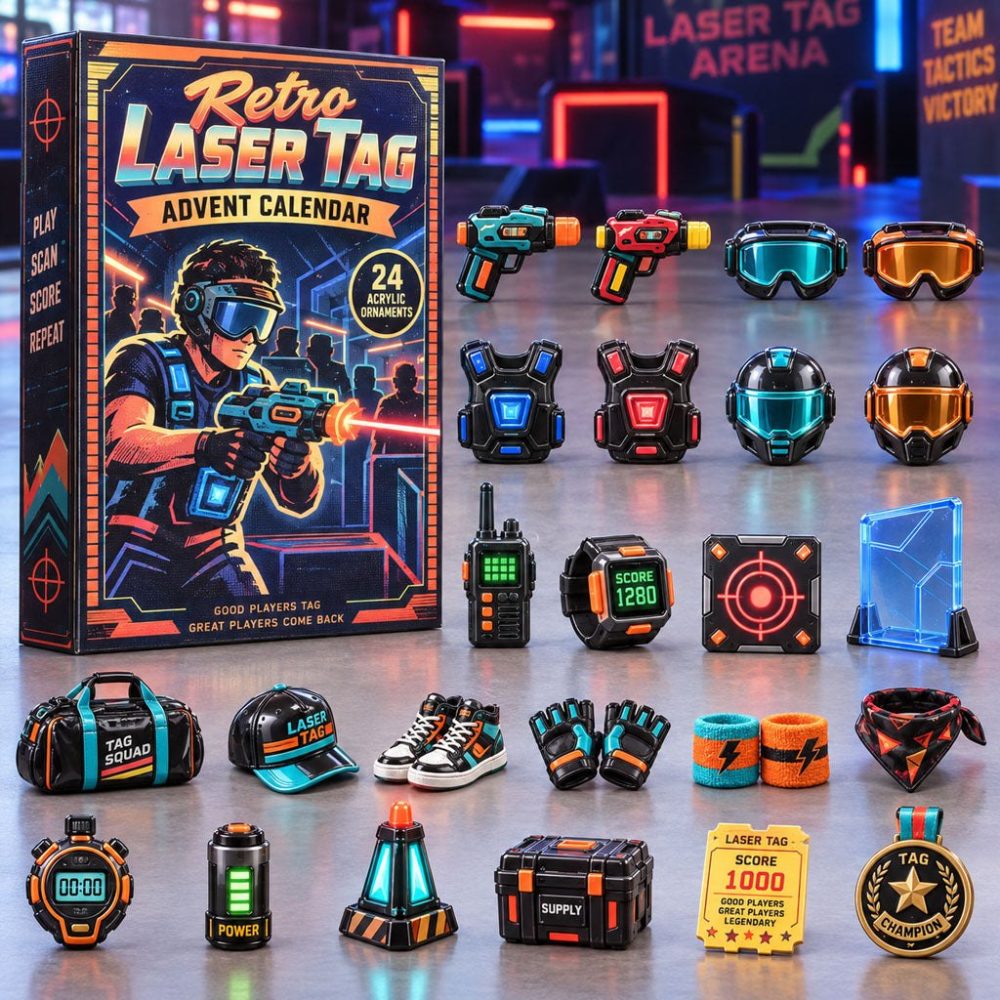 Retro Laser Tag Gamer Advent Calendar 2026 - 24-Day Nostalgia Countdown With Acrylic Charms, Fun Collectible Gift For Players