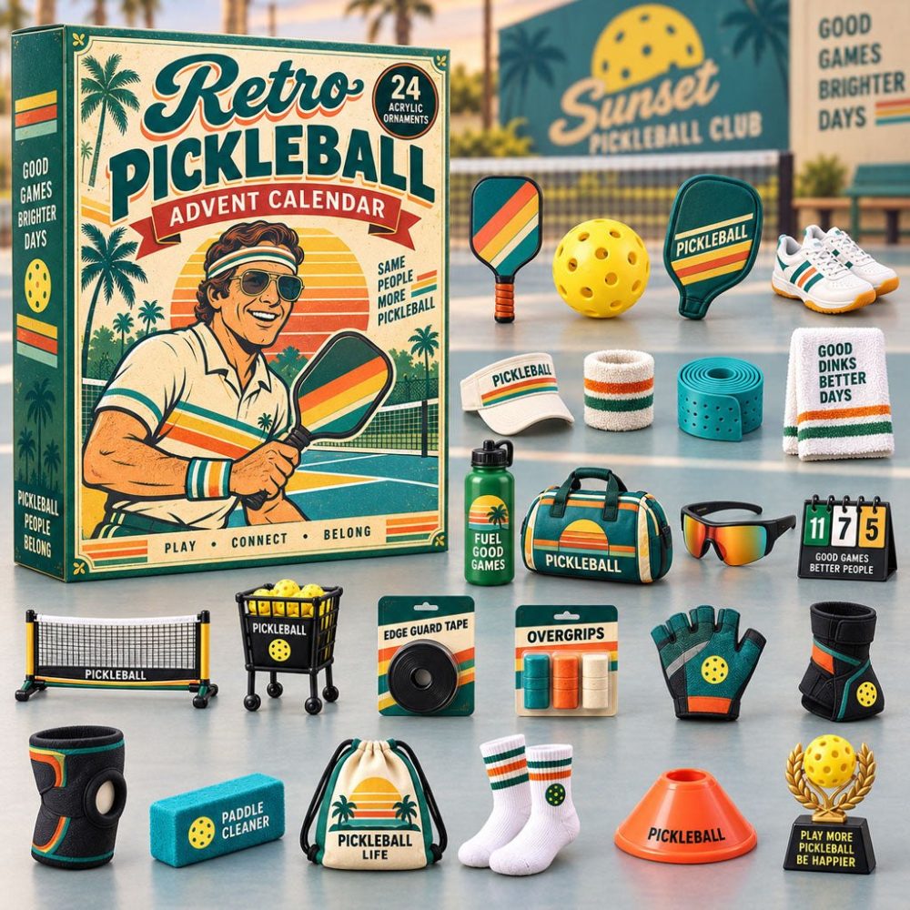 Retro Pickleball 24-Day Holiday Countdown Calendar 2026 — Vintage Court Acrylic Charms, Daily Pickleball Gifts & Player Gift Box