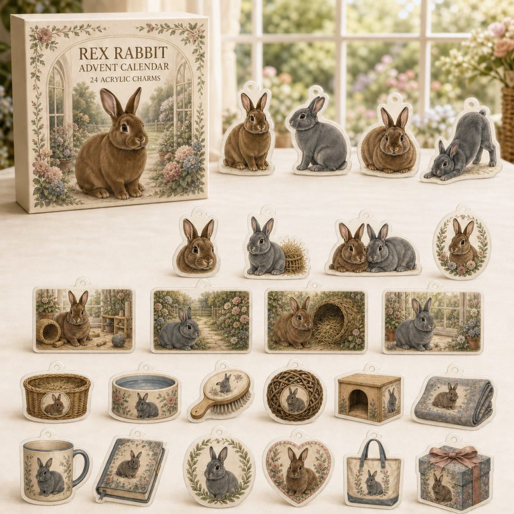 Rex Rabbit Holiday Charm Countdown — 24 High-Quality Acrylic Charms Celebrating Rex Bunnies, Great Gift For Bunny Owners & Fans