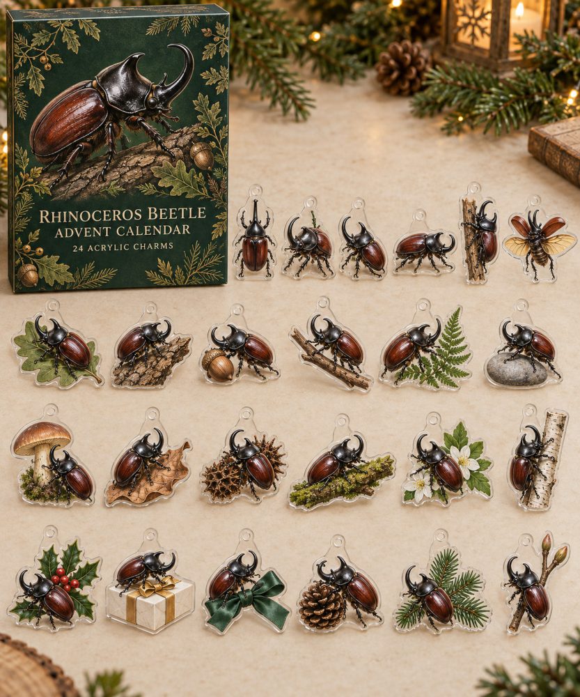 Premium Holiday Countdown Set — 24 Collectible Rhinoceros Beetle Acrylic Charms , Gift, Keychains, Stocking Stuffers