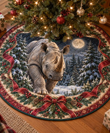 Plush Quilted Rhinoceros Holiday Tree Skirt — Soft Patchwork Christmas Tree Skirt With Rhino Print, Machine-Washable, Cozy Home Decor
