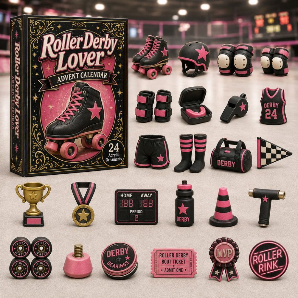 Pink Skates Roller Derby Advent — 24-Day Skating Countdown With Acrylic Roller Charms, Feminine Holiday Gift For Derby Girls
