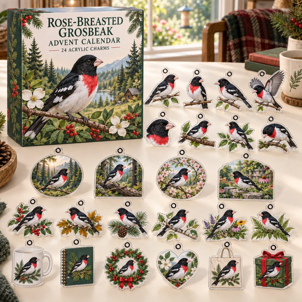 Rose-Breasted Grosbeak Advent Calendar — 24 Hand-Illustrated Acrylic Bird Charms, Birdwatcher Holiday Countdown 2026